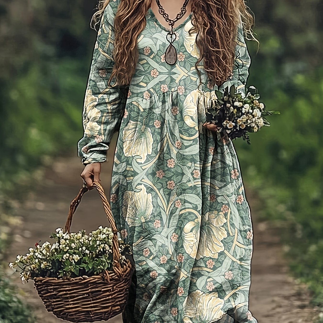Elegant Floral Print Long Sleeve Maxi Dress, Polyester V-Neck with ...