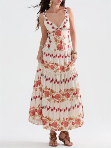 Women Bohemian Maxi Dresses Sleeveless Deep V-neck Backless Adjustable Strap Floral Casual Long Dress