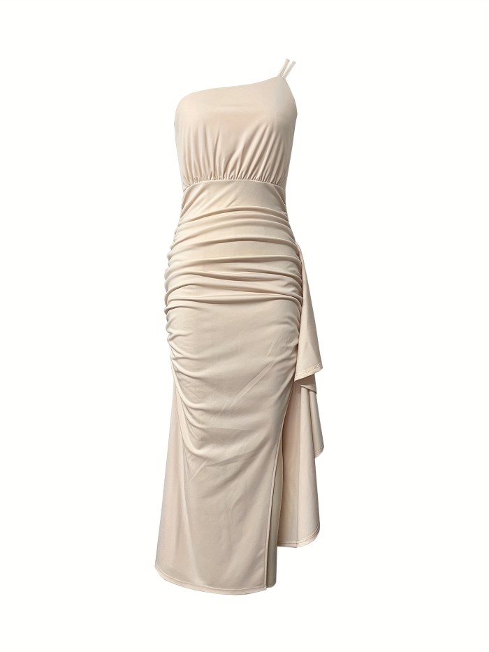Elegant One-Shoulder Slit Maxi Dress, Polyester Spandex Blend, Solid Color, Sleeveless, Asymmetrical Hem, Knit Fabric, for Spring\u002FSummer Collection