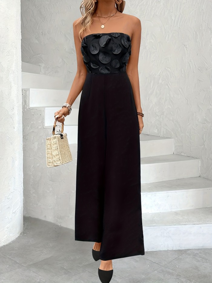 Elegant Off-Shoulder Wide-Leg Jumpsuit with Mesh Detail - Elastic Waist, Back Zipper, Machine Washable - Perfect for Casual Outings