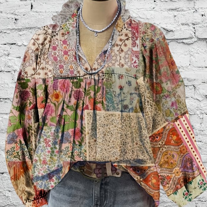Boho-Chic Paisley V-Neck Blouse with Lantern Sleeves - Casual Long Sleeve Top for Women, Perfect for Spring & Fall