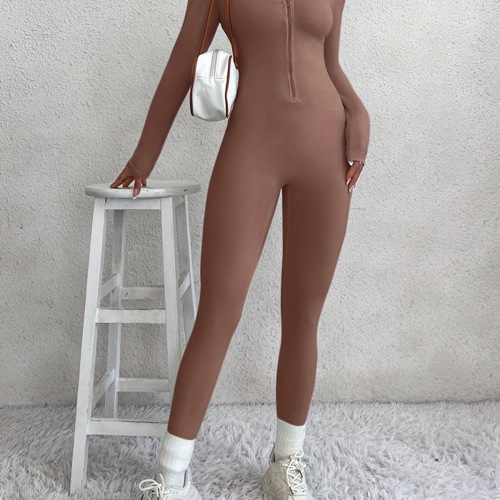 Long Sleeve Solid Color Skinny Leg Jumpsuit for Spring & Fall, Casual Women's Clothing with Zipper