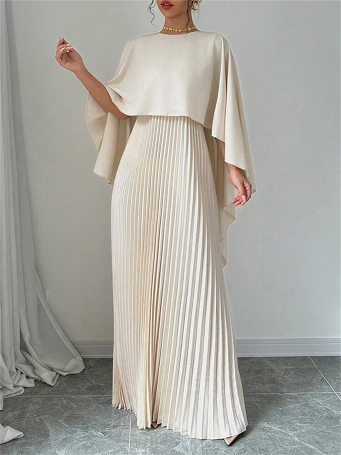 Elegant Solid Color Pleated Dress with a Faux Two-Piece Design, Featuring a Flowing Long Skirt Suitable for Banquets.
