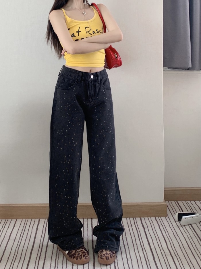 Women'S High-Waisted Black Denim Jeans, Casual Straight Leg Long Pants, Button Fly, Slight Stretch, Solid Color, with Washed Detail, for All-Season Wear
