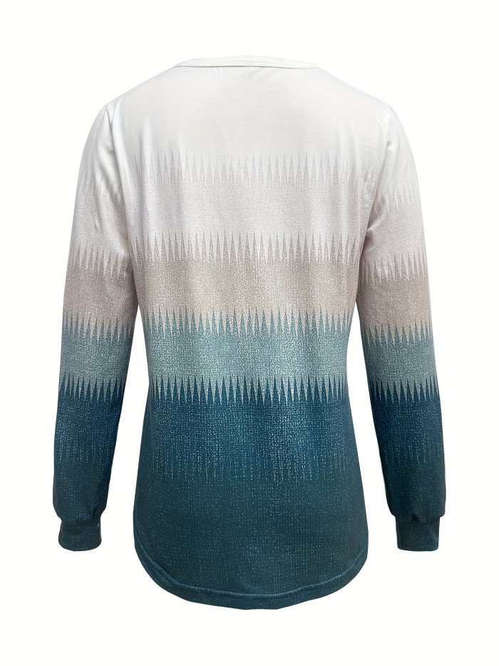 Gradient Color Long Sleeve T-shirt, Casual Button Front Crew Neck Top For Spring & Fall, Women's Clothing