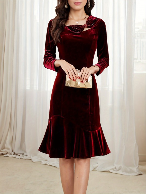 Long Sleeve Elegant Ruffle Hem Bow Decor Dress for Fall & Winter, Women's Clothing