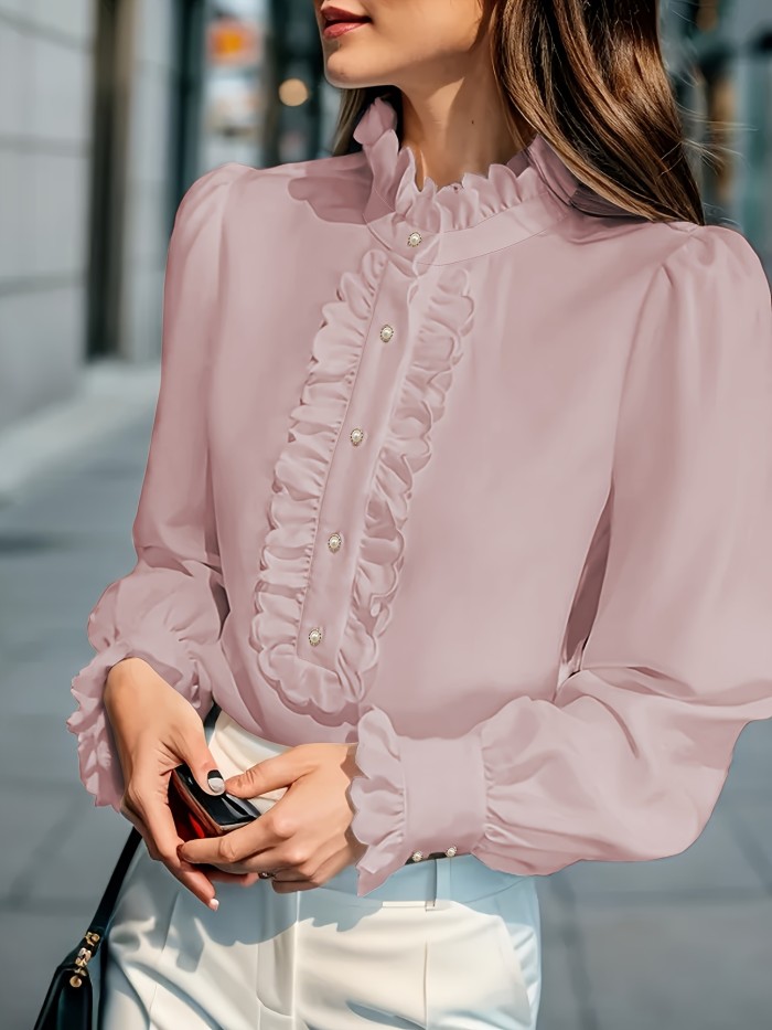 Vibrant Ruffle Trim Blouse - Chic Stand Collar, Long Sleeve, Button Front, Stylish Spring & Fall Essential - Women's Fashion Clothing for Everyday Wear