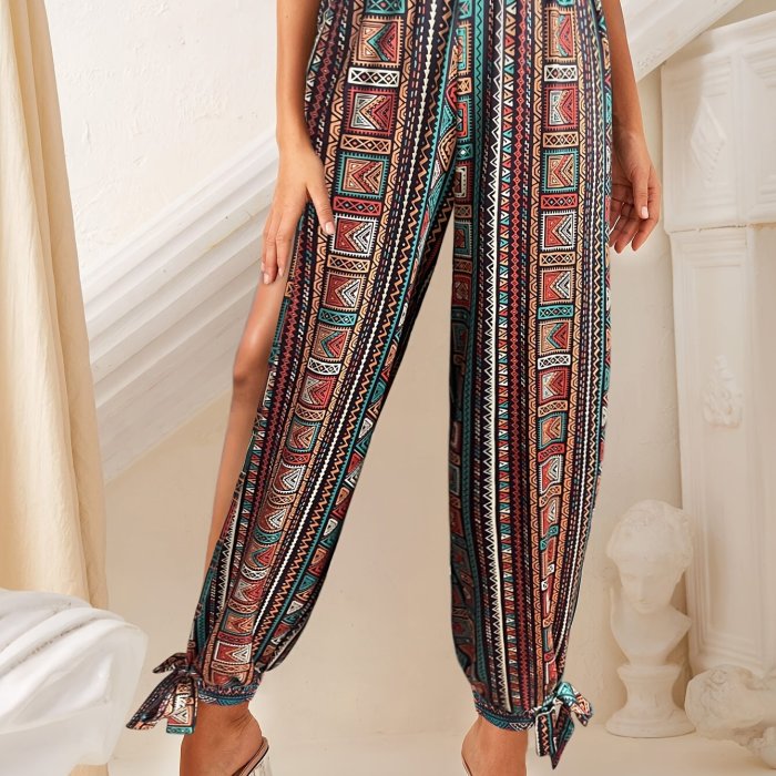 Boho-Chic Women's Joggers with Tie Waist - Spring\u002FSummer Collection, Breathable Polyester Blend, Machine Washable