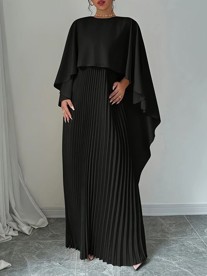 Elegant Solid Color Pleated Dress with a Faux Two-Piece Design, Featuring a Flowing Long Skirt Suitable for Banquets.