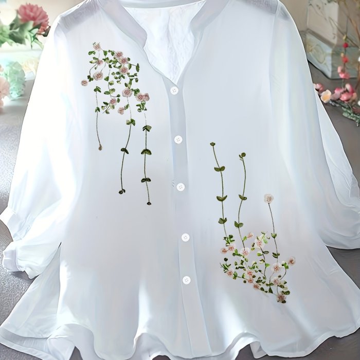 Floral Pattern Simple Blouse, Elegant Button Front Stand Collar Blouse, Women's Clothing