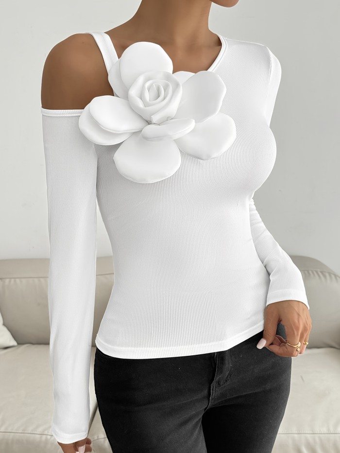 2024 Fall\u002FWinter Women's T-Shirt with 3D Rose Shoulder Cutout - Long Sleeve, Polyester, Asymmetrical Neckline, Regular Fit, Solid Color, Sleeve Length: Long Sleeve, Season: All Year Round, Details: Asymmetrical, Style: Elegant, Fabric: Stretchable, Knit Construction, Series Line: Elegant Collection