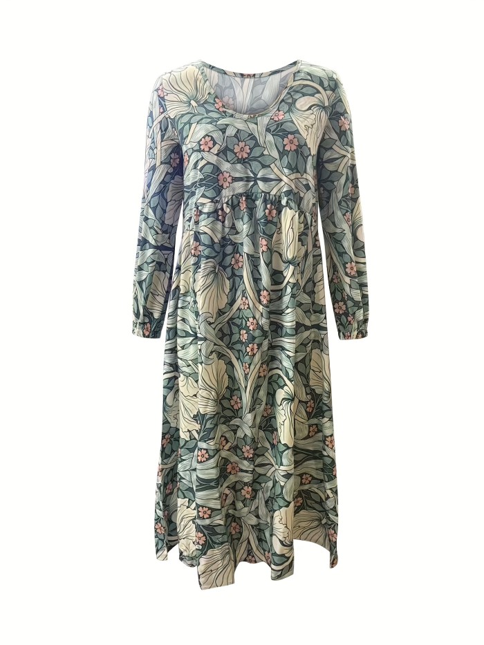 Elegant Floral Print Long Sleeve Maxi Dress, Polyester V-Neck with Trapeze Hem, Regular Fit, for All Seasons - Adult Woven A-Line Dress