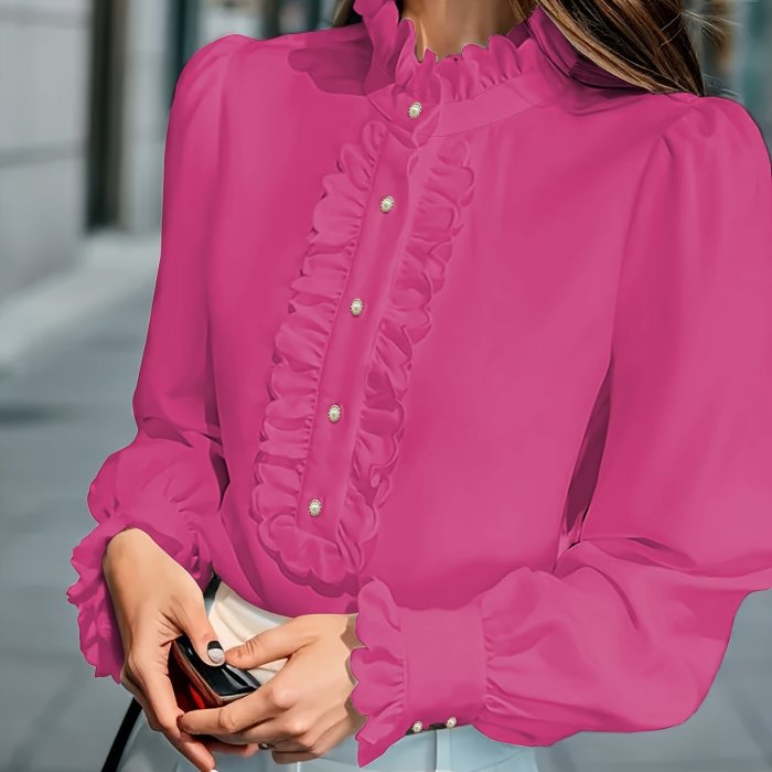Vibrant Ruffle Trim Blouse - Chic Stand Collar, Long Sleeve, Button Front, Stylish Spring & Fall Essential - Women's Fashion Clothing for Everyday Wear