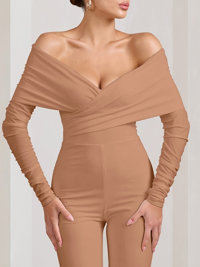 1pc Elegant Polyester Jumpsuit for Women - Off-Shoulder V-Neck Cross Design, Solid Color, Knit Fabric, Medium Stretch, Wide Leg, Long Length Pants, Spring\u002FFall Fashion, Suitable for Mature Adults