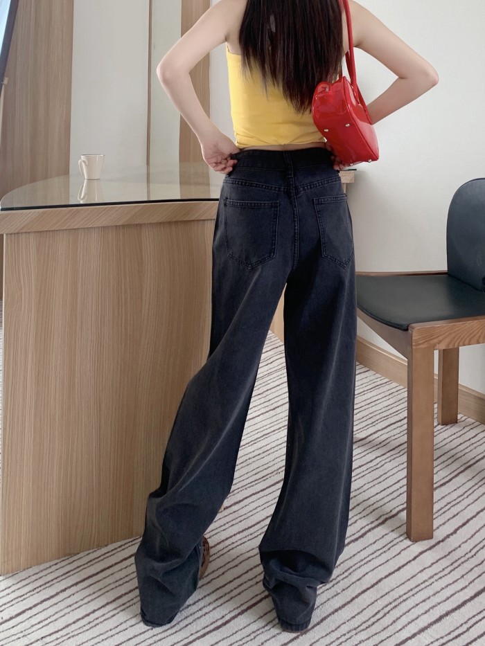 Women'S High-Waisted Black Denim Jeans, Casual Straight Leg Long Pants, Button Fly, Slight Stretch, Solid Color, with Washed Detail, for All-Season Wear