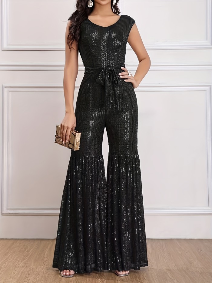 Women'S Sequined Jumpsuit with V-Neck and Lace-Up Detail, Polyester Knit Fabric, Solid Color, Skinny Fit, for Spring\u002FSummer\u002FFall - Vacation Style