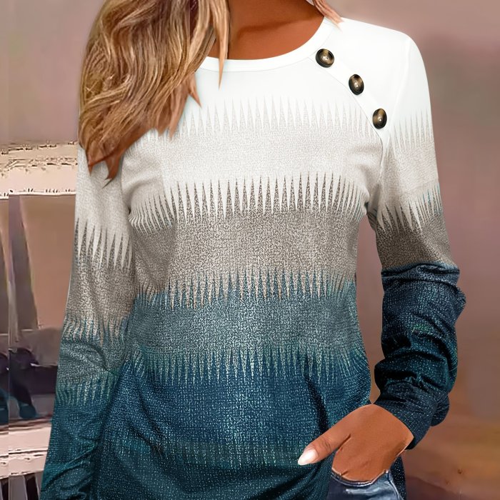 Gradient Color Long Sleeve T-shirt, Casual Button Front Crew Neck Top For Spring & Fall, Women's Clothing