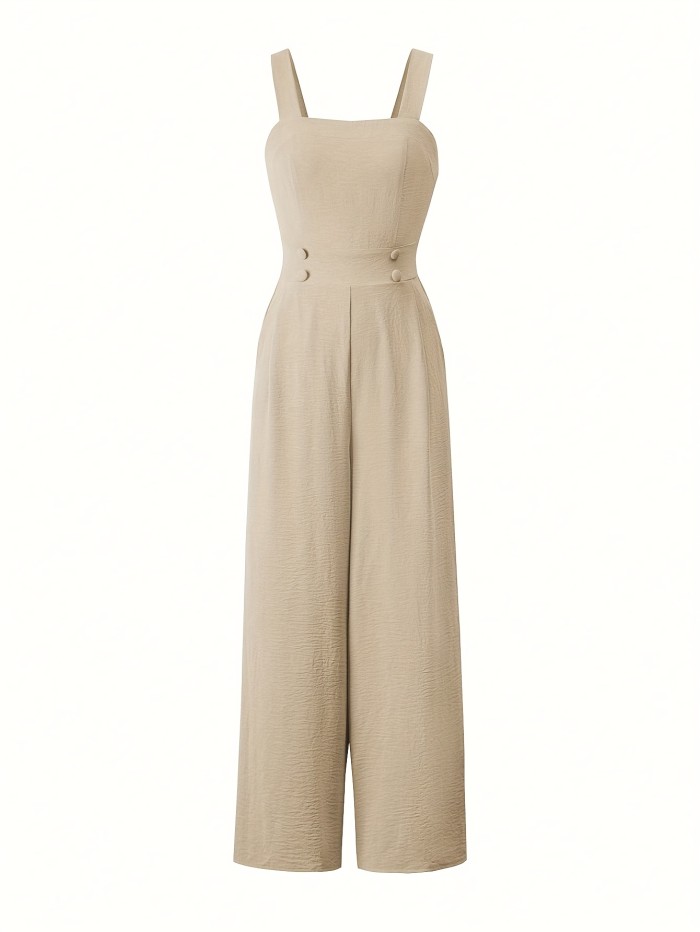 Elegant Women's Wide-Leg Overalls - Sleeveless, Button Detail, Polyester, Perfect for Spring\u002FSummer\u002FFall