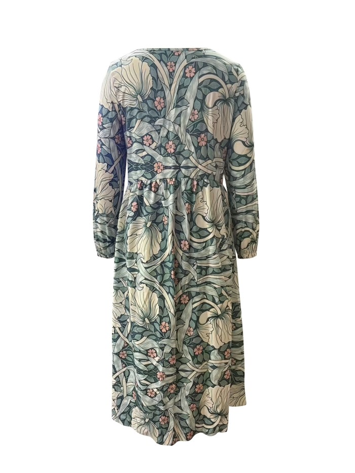 Elegant Floral Print Long Sleeve Maxi Dress, Polyester V-Neck with Trapeze Hem, Regular Fit, for All Seasons - Adult Woven A-Line Dress