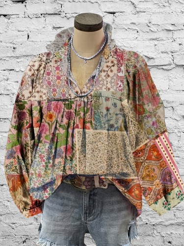 Boho-Chic Paisley V-Neck Blouse with Lantern Sleeves - Casual Long Sleeve Top for Women, Perfect for Spring & Fall