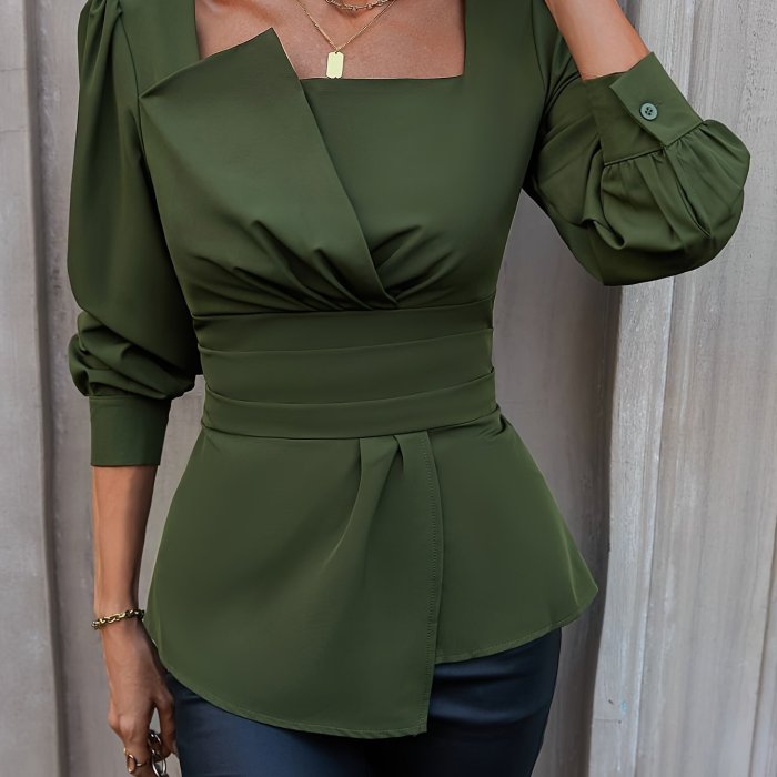 Elegant shirt with solid color square collar and asymmetrical hem