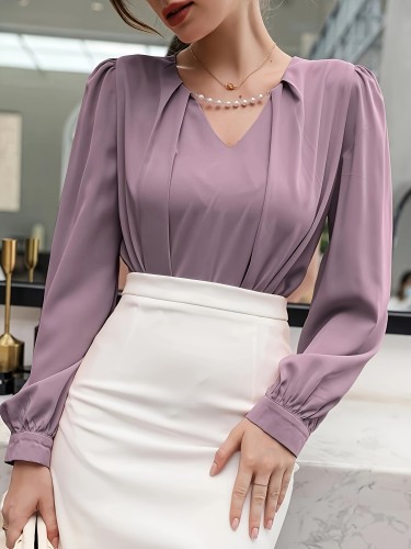 Elegant Long Sleeve Blouse for Women, Polyester 100%, Crew Neck, Solid Color, with Pearl Detail, for Spring\u002FFall Woven Top