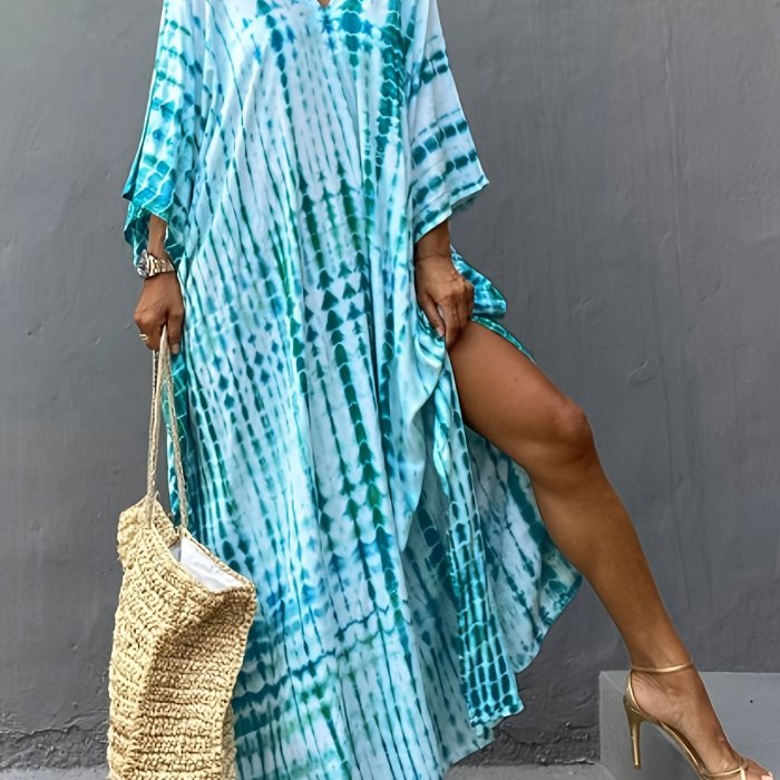 1pc Boho V-Neck Viscose Beach Cover-Up Dress, All Over Print Pullover with Split Detail, 100% Viscose Woven Fabric, Non-Stretch Casual Vacation Robe