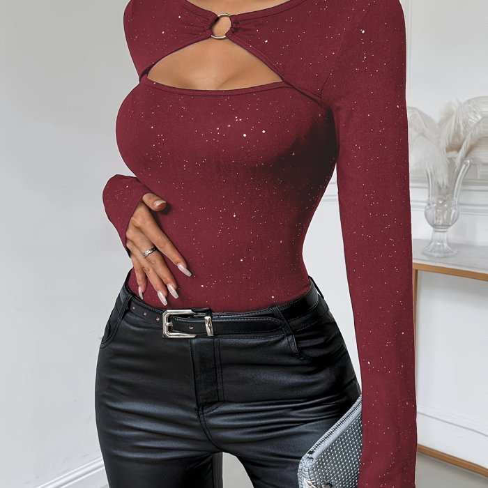 Sexy Glitter Ring Linked Cut Out Long Sleeve Slim Fit T-shirt - Women's T-Shirts - Fashionable Spring & Fall Clothing - Sparkling Details, Comfortable Wear