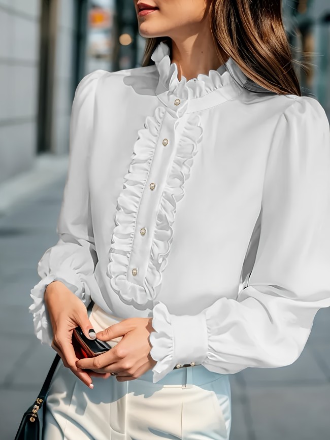 Vibrant Ruffle Trim Blouse - Chic Stand Collar, Long Sleeve, Button Front, Stylish Spring & Fall Essential - Women's Fashion Clothing for Everyday Wear