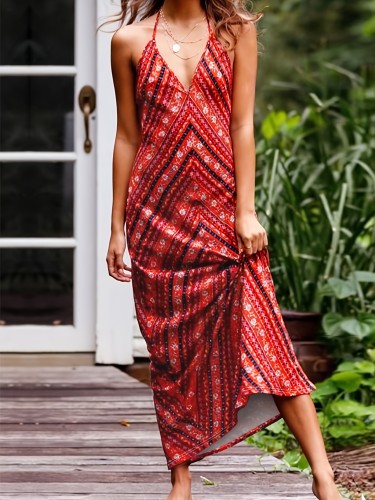 Summer Chic V-Neck Halter Dress with Boho Print - Stretchy Polyester Blend, Machine Washable - Perfect for Beach & Vacation