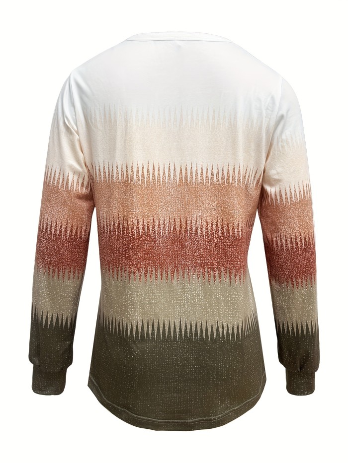 Gradient Color Long Sleeve T-shirt, Casual Button Front Crew Neck Top For Spring & Fall, Women's Clothing