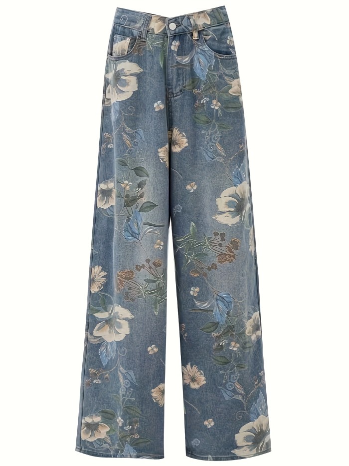 1pc Vintage Floral Print Wide Leg Jeans for Women, (78%, 20% Polyester, 2% Spandex), Casual Street Style Denim, Non-Stretch Fabric, All-Season Long Pants with Washed Finish