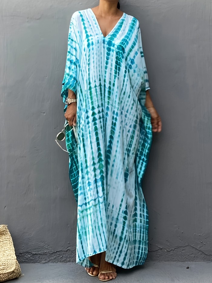 1pc Boho V-Neck Viscose Beach Cover-Up Dress, All Over Print Pullover with Split Detail, 100% Viscose Woven Fabric, Non-Stretch Casual Vacation Robe