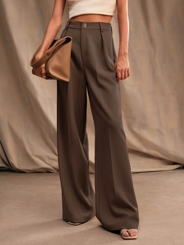 Timeless Design, Elegant Solid Color Wide-Leg Pants for Women - High Waist, Button Detail, Machine Washable, Mood Symbol