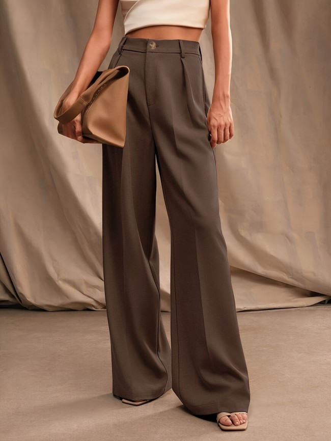 Timeless Design, Elegant Solid Color Wide-Leg Pants for Women - High Waist, Button Detail, Machine Washable, Mood Symbol
