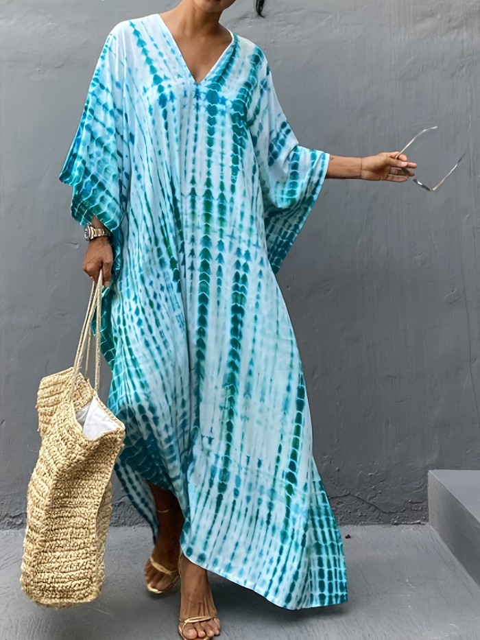 1pc Boho V-Neck Viscose Beach Cover-Up Dress, All Over Print Pullover with Split Detail, 100% Viscose Woven Fabric, Non-Stretch Casual Vacation Robe