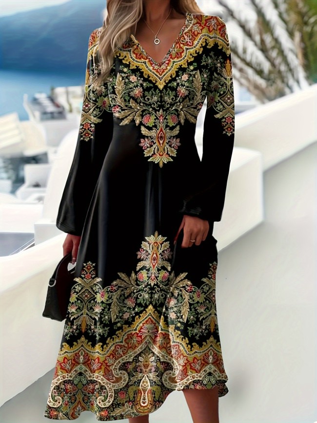 Women's Vintage Paisley Print Dress, Elegant Commuter Style, Polyester, V-Neck, Autumn, Knee-Length, Knit Fabric, Adult Size