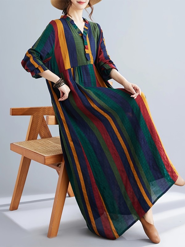 1pc Women'S Plus Size Viscose Tunic Dress - Casual V-Neck Long Sleeve Striped Print with Pockets, Loose Fit Maxi Skirt for Spring Season