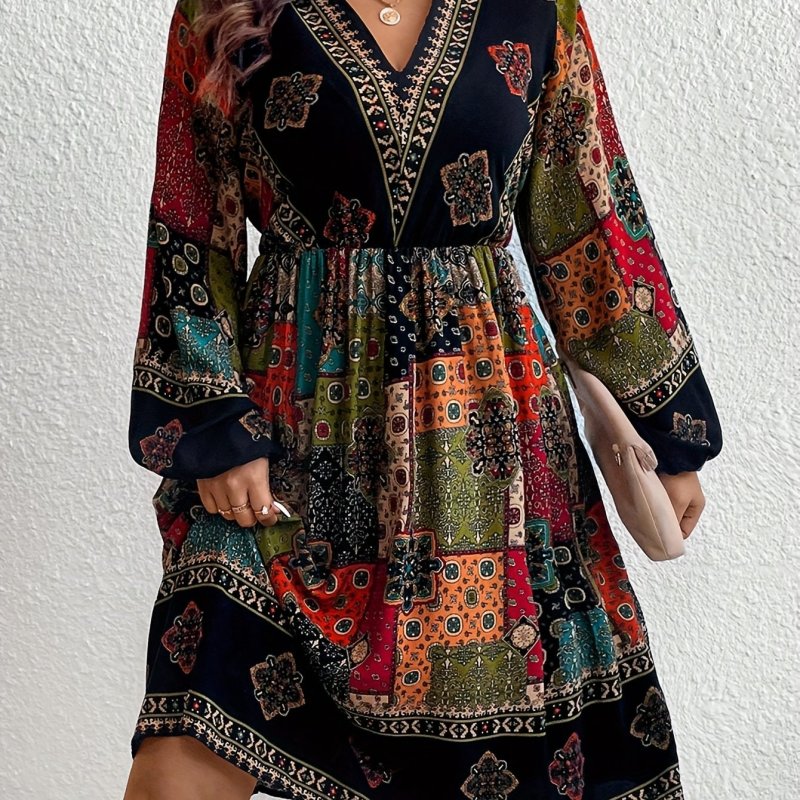 Large Size Vintage Patchwork Pattern Bohemian Style V-Neck Lantern Sleeve Dress
