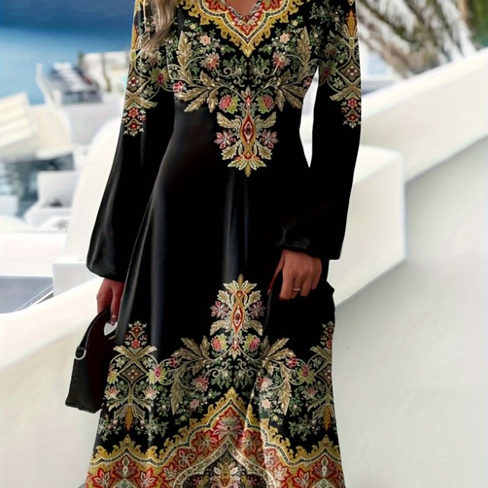 Women's Vintage Paisley Print Dress, Elegant Commuter Style, Polyester, V-Neck, Autumn, Knee-Length, Knit Fabric, Adult Size