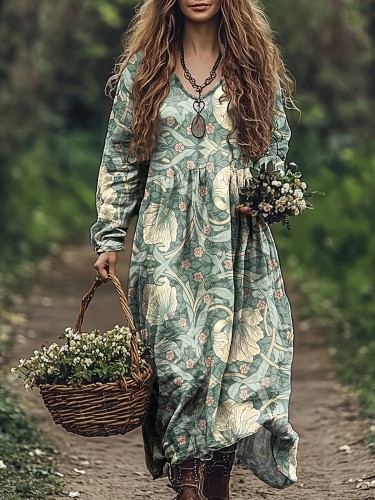 Elegant Floral Print Long Sleeve Maxi Dress, Polyester V-Neck with Trapeze Hem, Regular Fit, for All Seasons - Adult Woven A-Line Dress