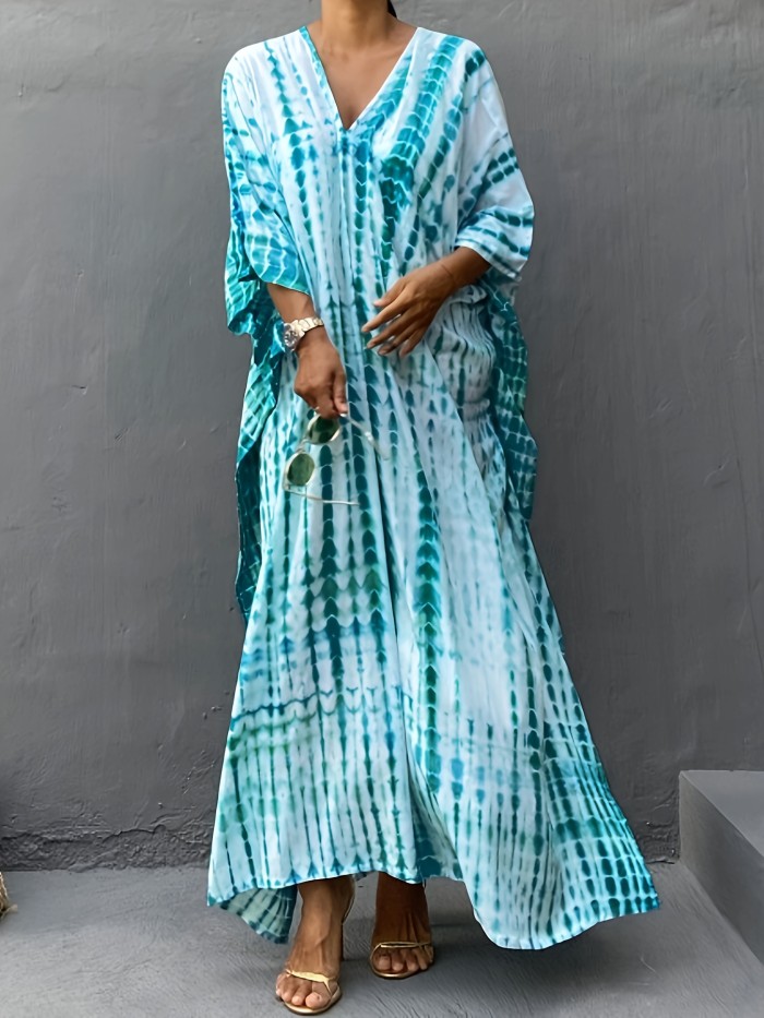 1pc Boho V-Neck Viscose Beach Cover-Up Dress, All Over Print Pullover with Split Detail, 100% Viscose Woven Fabric, Non-Stretch Casual Vacation Robe