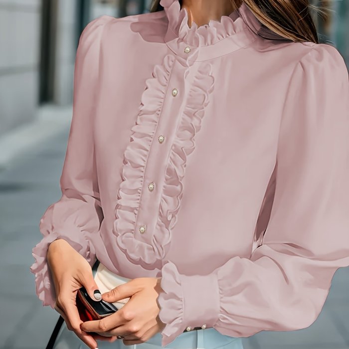 Vibrant Ruffle Trim Blouse - Chic Stand Collar, Long Sleeve, Button Front, Stylish Spring & Fall Essential - Women's Fashion Clothing for Everyday Wear