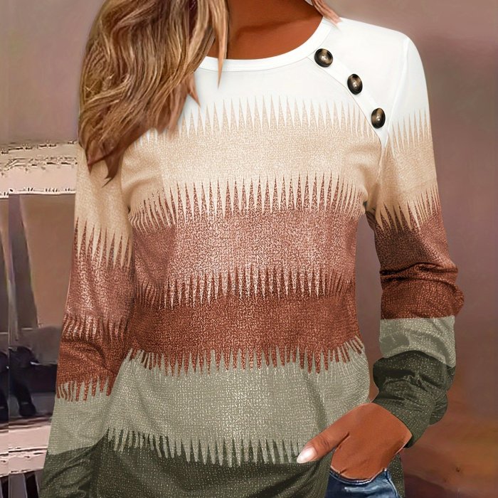 Gradient Color Long Sleeve T-shirt, Casual Button Front Crew Neck Top For Spring & Fall, Women's Clothing