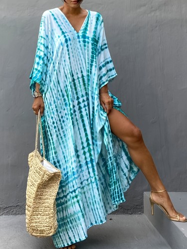 1pc Boho V-Neck Viscose Beach Cover-Up Dress, All Over Print Pullover with Split Detail, 100% Viscose Woven Fabric, Non-Stretch Casual Vacation Robe