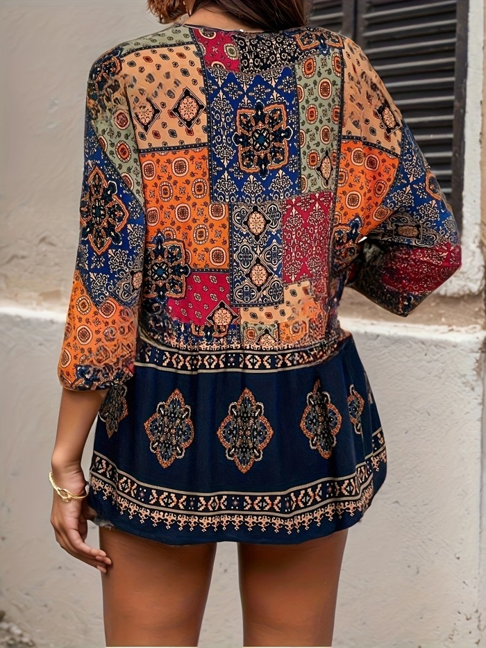 Women'S Bohemian Tropical Print Blouse, Polyester Crew Neck Top, Woven Lightweight Long Sleeve Shirt for All Seasons