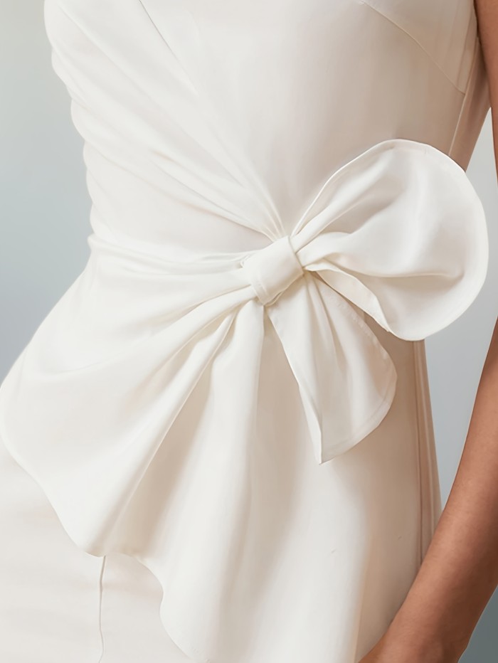 Elegant Women'S Fitted Sleeveless Dress, Solid Color, Crew Neck, Dacron & Spandex Blend, with Asymmetrical Bow Detail and Side Slit, for All-Season Party Banquet Wear