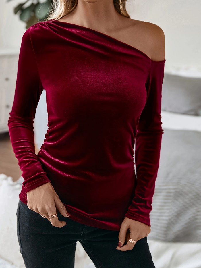 Velvet Ruched Slant Neck T-Shirt - Elegant, Long Sleeve, Spring & Fall Essential, Comfortable Women's Clothing for Chic Style