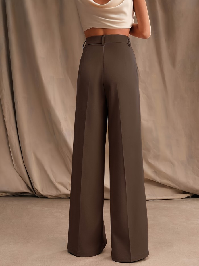 Timeless Design, Elegant Solid Color Wide-Leg Pants for Women - High Waist, Button Detail, Machine Washable, Mood Symbol