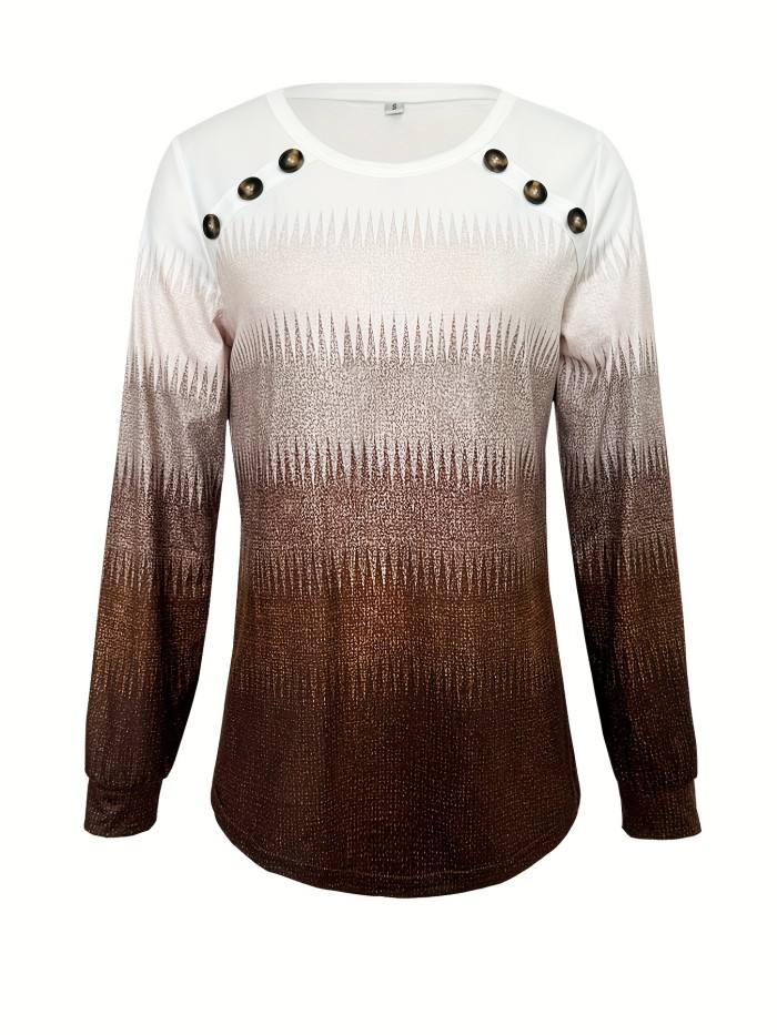 Gradient Color Long Sleeve T-shirt, Casual Button Front Crew Neck Top For Spring & Fall, Women's Clothing